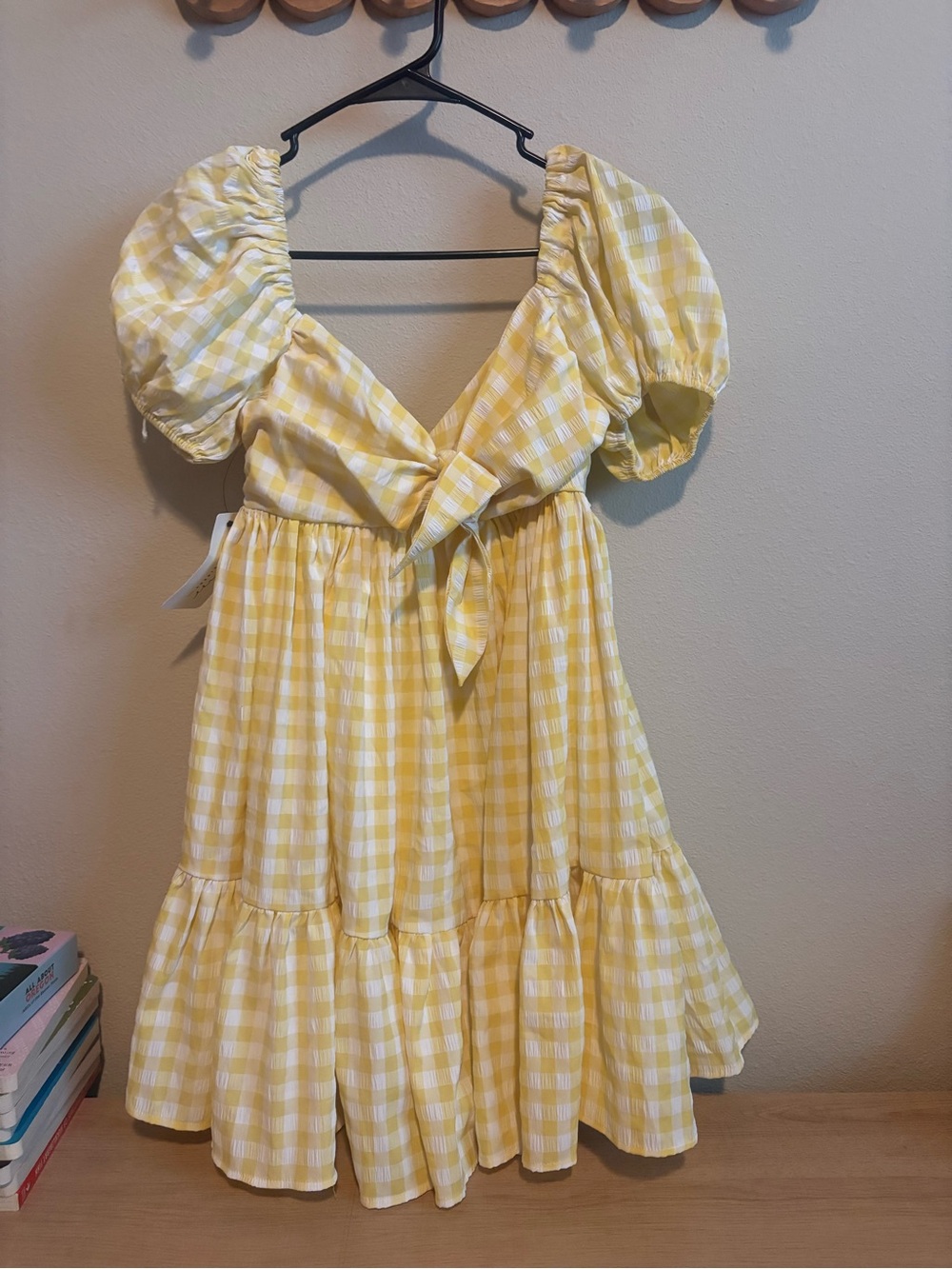 American Threads Yellow Gingham Puff-Sleeve Tie-Front Dress